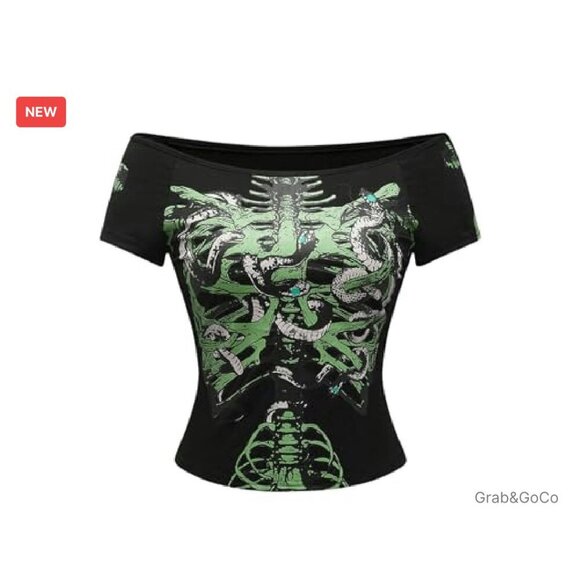 Off Shoulder Goth Crop Top Y2K Grunge Graphic Tee Slim Fit Emo Style - Picture 2 of 7